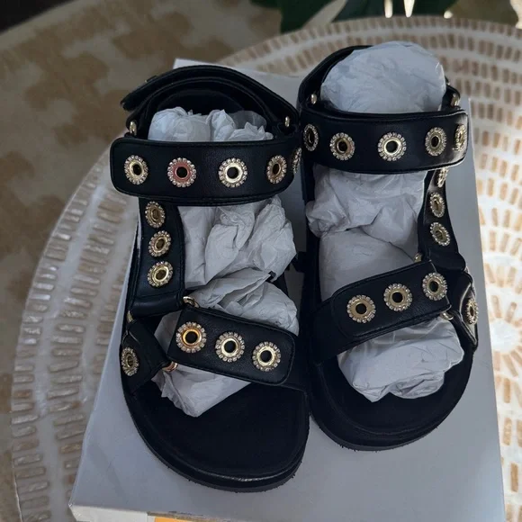 $345 Maje Stylish Black Sandals with Gold Accents Sz 36 - Picture 4 of 6